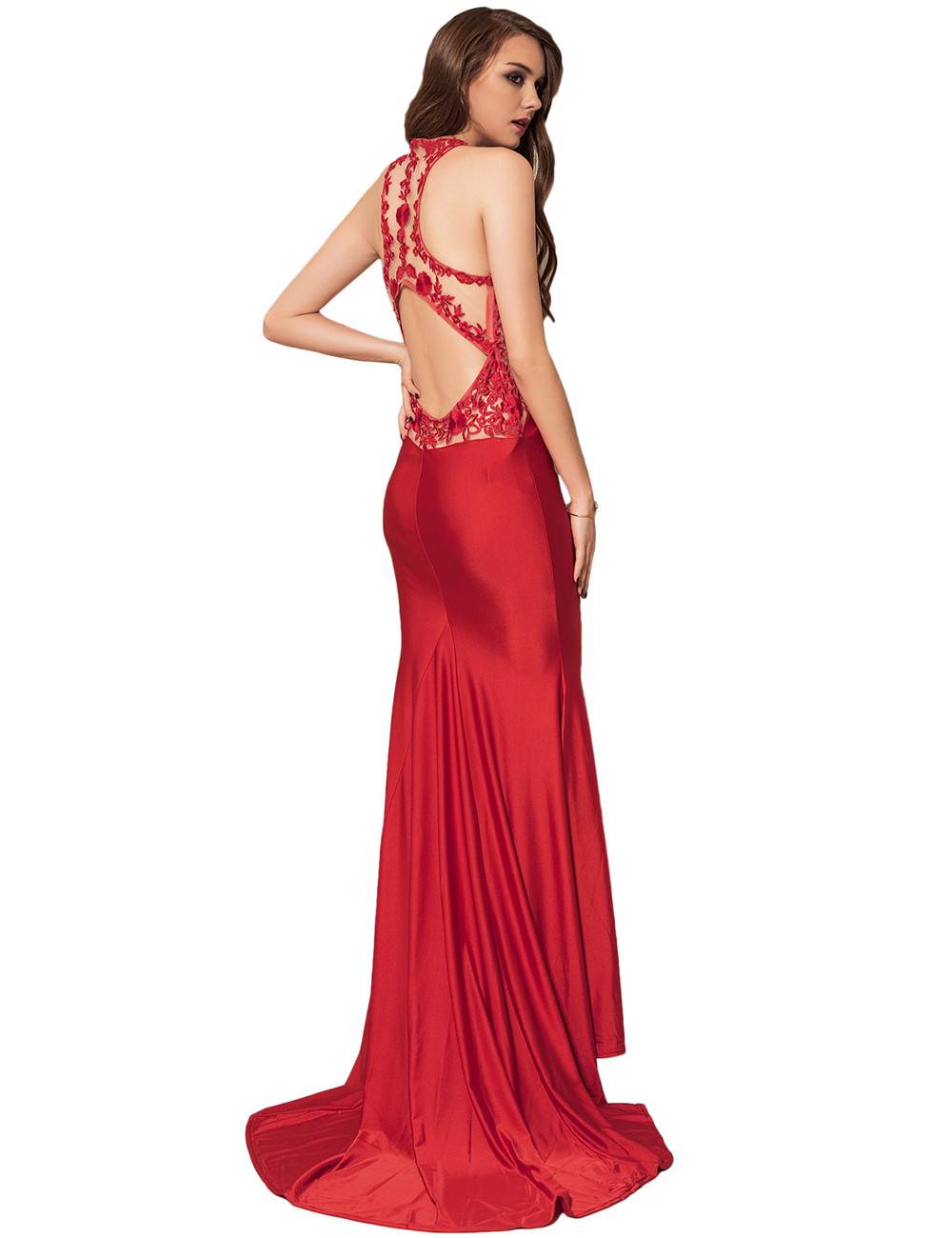 Cheap High Neck Red Embroidery Flower Backless Party Dress From China