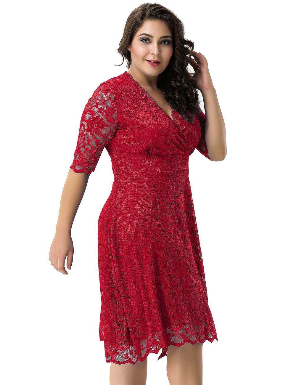 Plus Size Red Lace V Neck Dress | Ohyeah