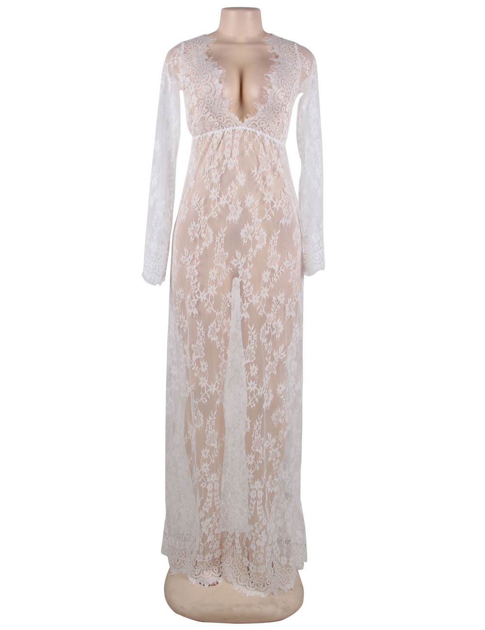 Plus Size White Sheer Lace Kaftan Robe with Thong | Ohyeahlady