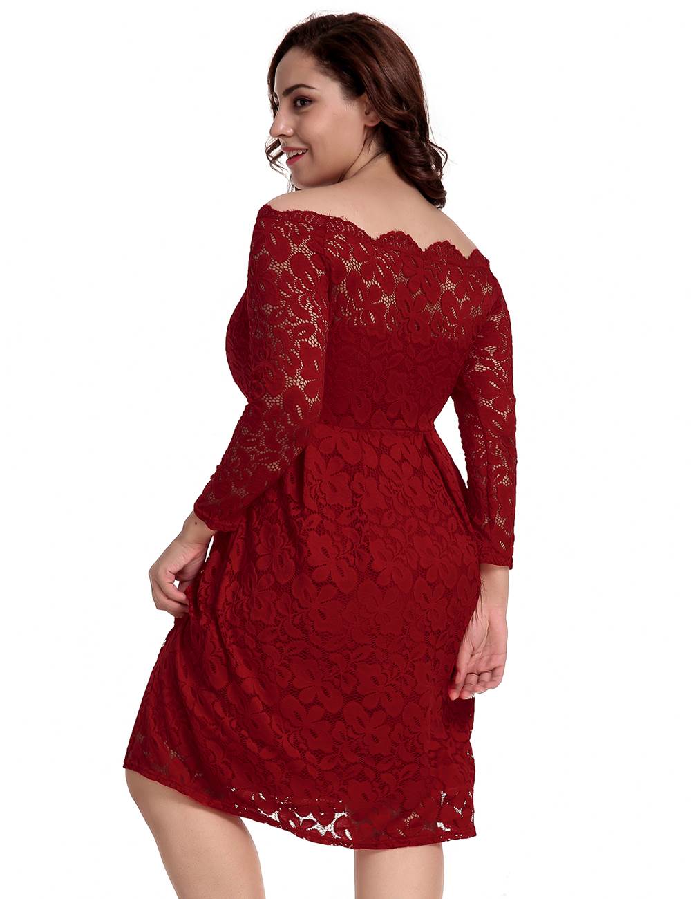 Plus Size Dark Red Lace Long Sleeve Off Shoulder Dress | Ohyeah