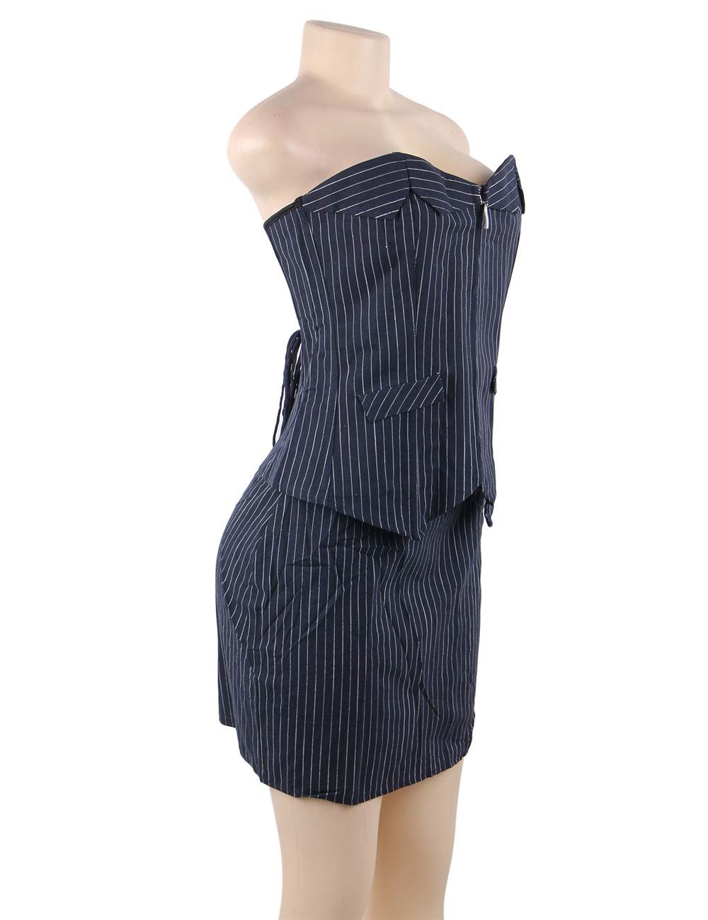 Office Lady Pinstripe Navy Corset With Skirt | Ohyeah