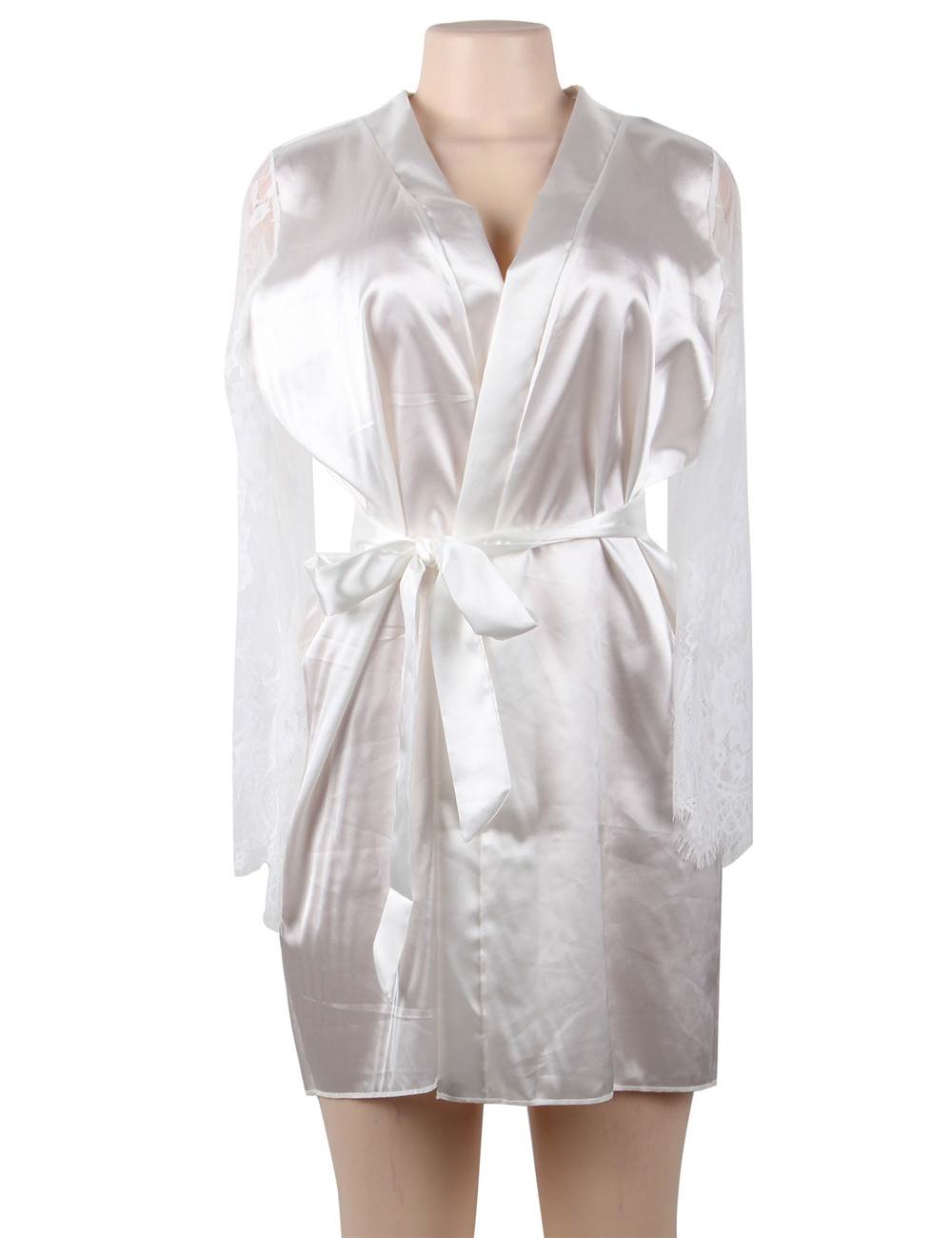 Plus Size White Silk Satin Lace Sexy Women Kimono Home Pajamas | Ohyeahlady