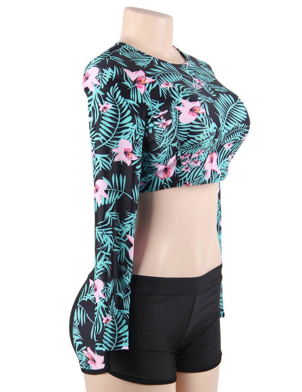 Floral Long Sleeve Crop Tops Bikini Two Piece Swimsuit Racing Swimwear