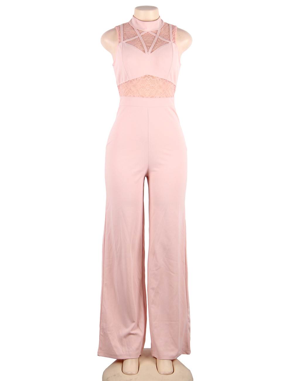Pink Hollow Lace Sleeveless High Neck Sexy Jumpsuit Ohyeah