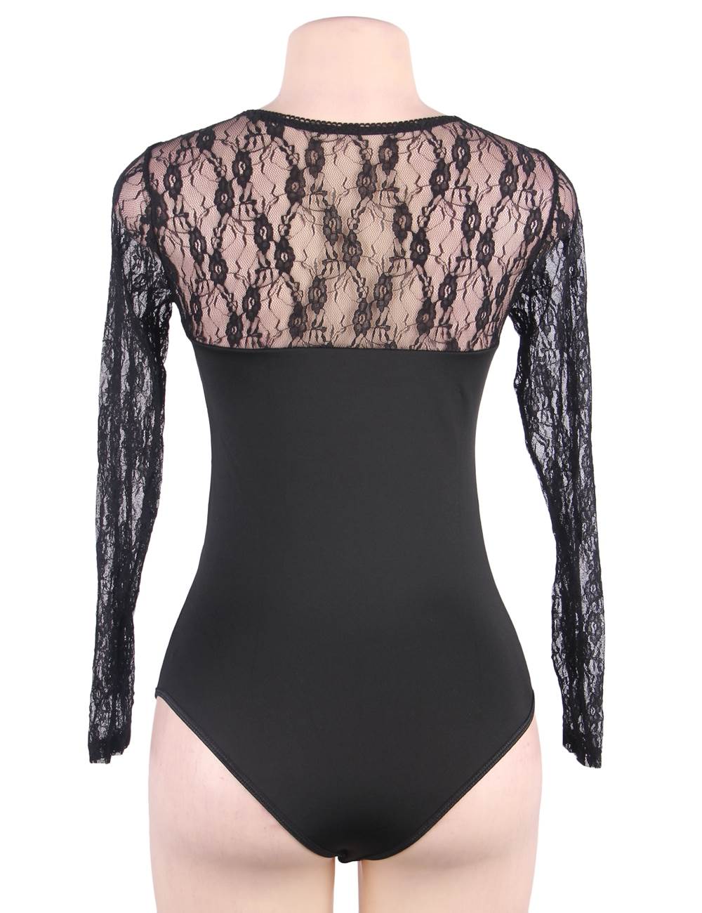 Long Sleeve Black Plus Size Openable Crotch Mesh Bodysuit