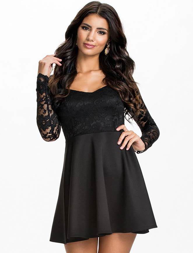 Wholesale Ladies Evening Wear Black Lace Long Sleeves Dress
